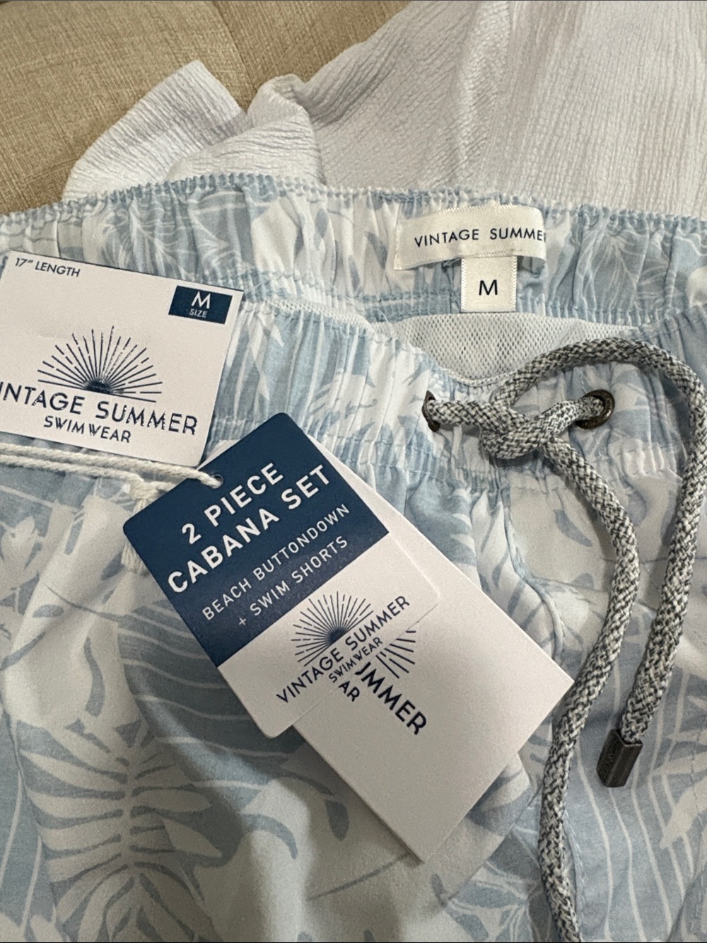 Light Blue Tropical Athletic Swim Shorts with Drawstring - Picture 2 of 6